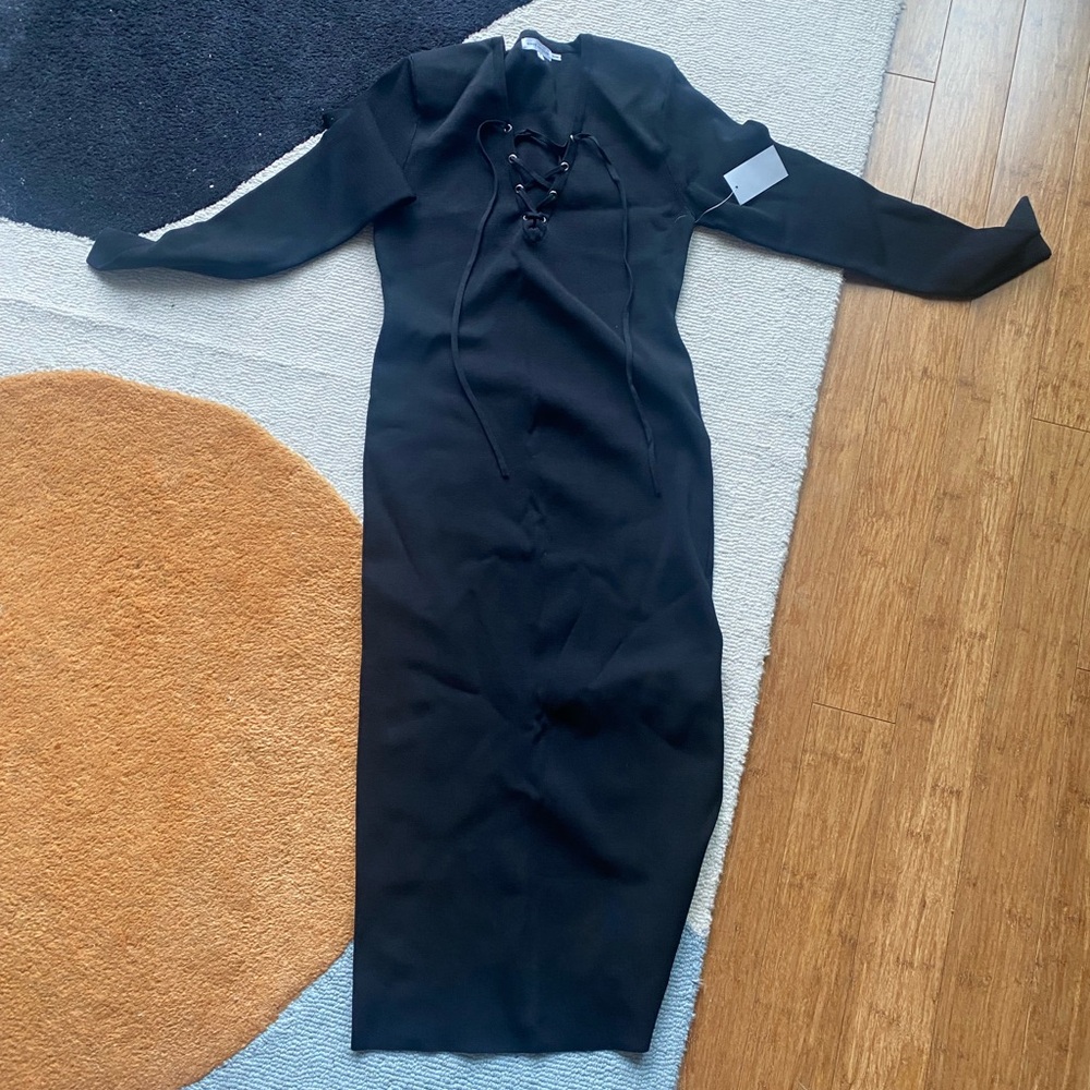 Black Lace-Up Long Sleeve Dress